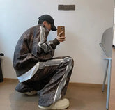 Threebooy 90s American Vintage Leopard Stitching Striped Slacks Y2K Mens Street Hip-Hop Harajuku Sweatpants Mopping Pants Streetwear